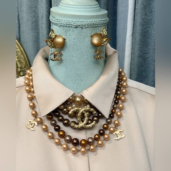 Silky Beige Button-Front Women's Shirt with Jewelry Set - Picture 3 of 14